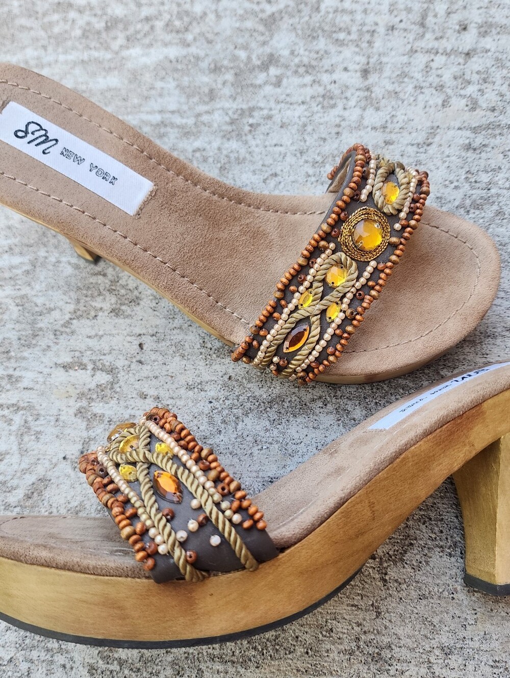 SM New York Y2K Sevile Boho Beaded Embellished Slide Heels, Sz 8